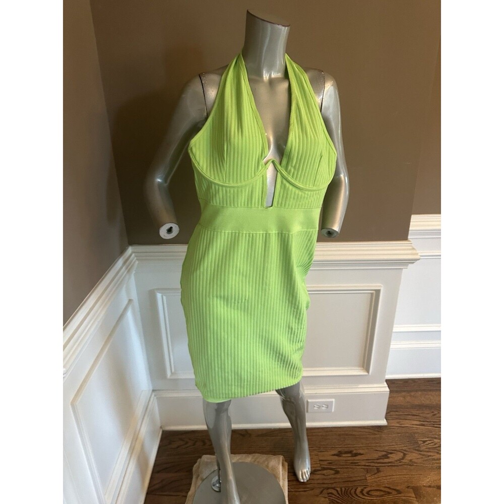 NWT FASGION NOVA Lime Green Plunge Halter Bandage Ribbed Midi Dress Sz XL